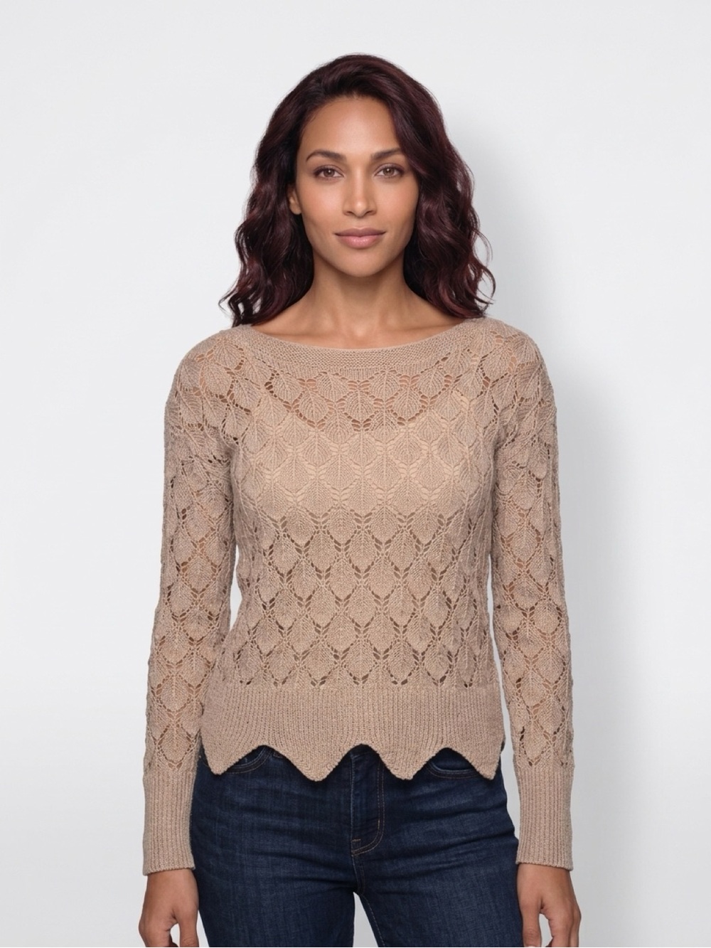 Amazon Taupe Scallop-Hem Lace Knit Crewneck Sweater